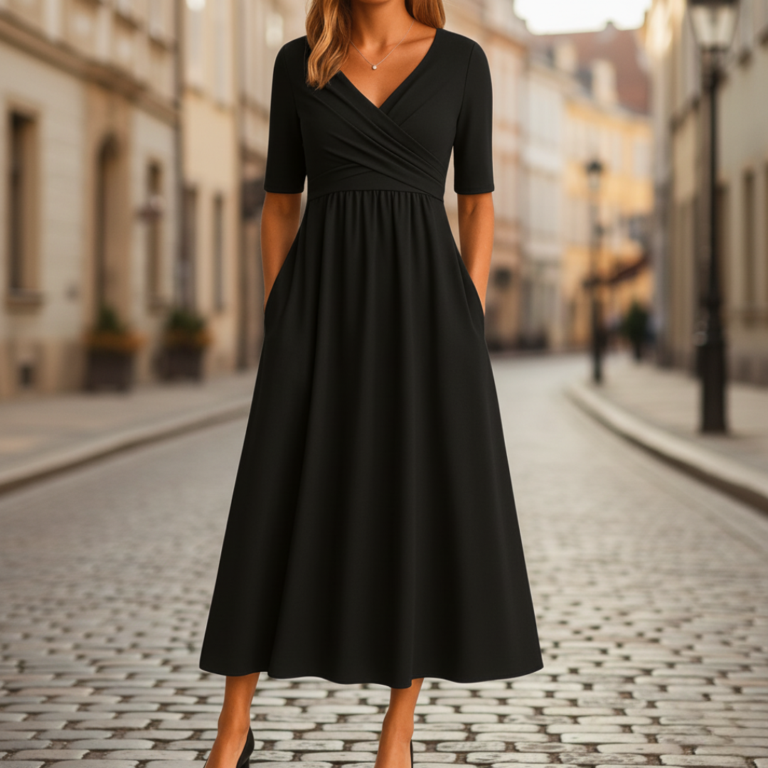 Women's Midi Dress with Pleats and V-Neck