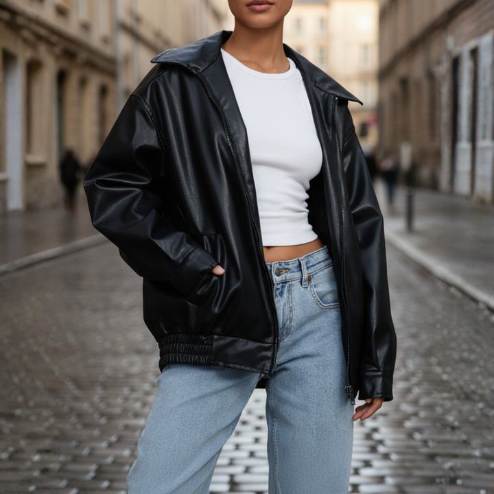 Women's Faux Leather Jacket with Zip and Collar