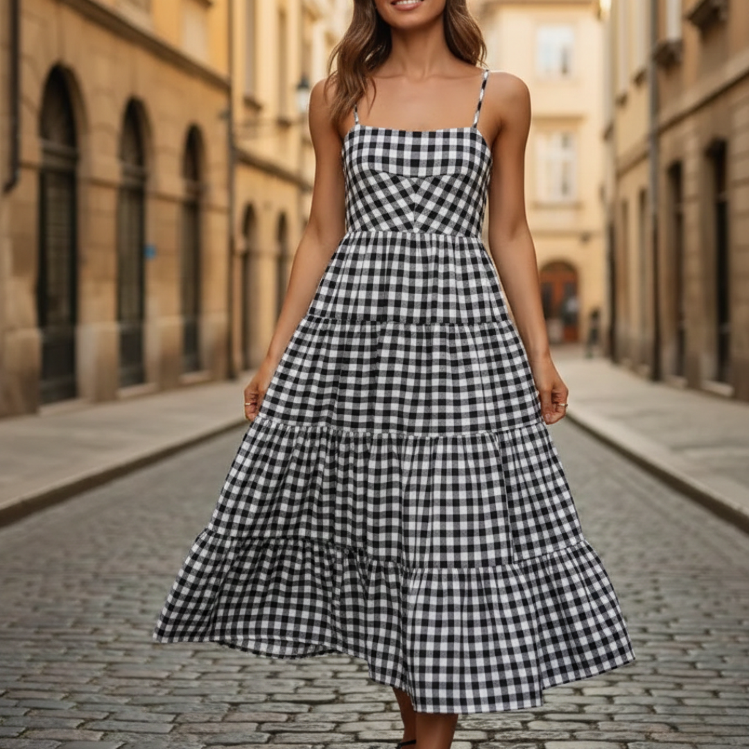 Women's Summer Midi Dress with Ruffled Skirt in Checkered Pattern