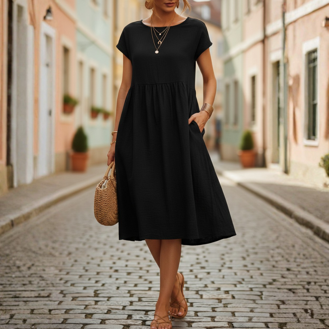 Beige Midi Ruffle Dress with Short Sleeves for Women