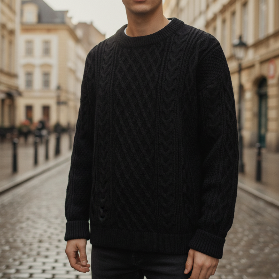 Men's Crew Neck Cable Knit Sweater in Soft Yarn