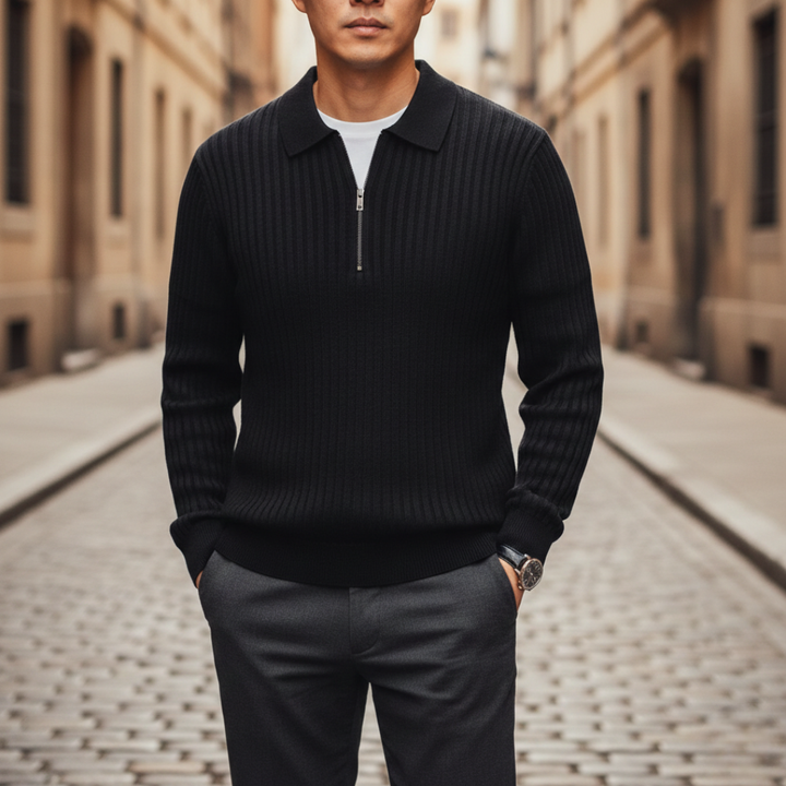 Men's Merino Wool Long Sleeve Polo with Zip