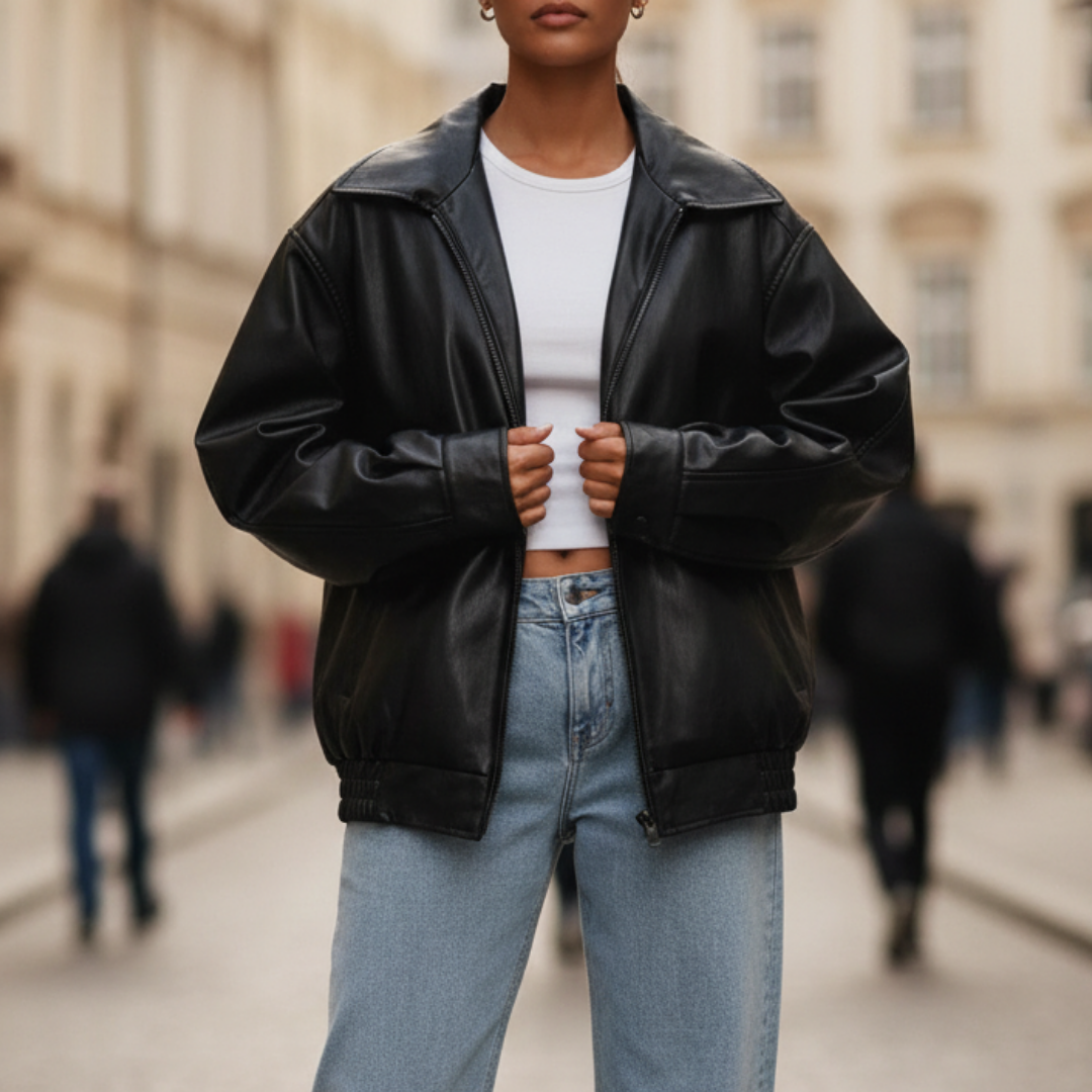 Oversized Women's Bomber Jacket in Leather Effect Fabric