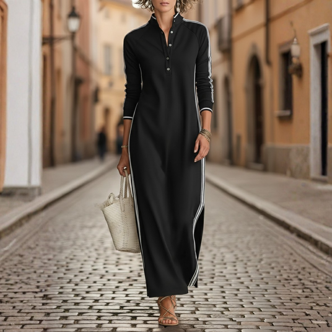 Maxi Dress for Women with Buttons and White Accents
