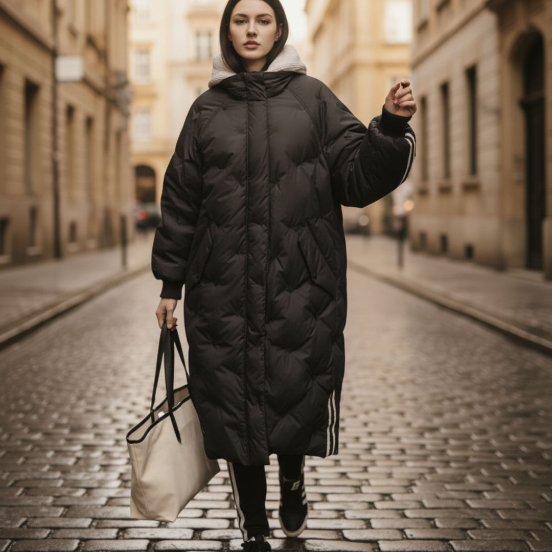 Long Women's Down Jacket in Technical Fabric with Hood