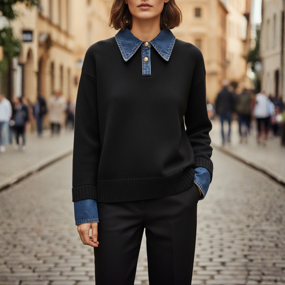Women's Sweater with Denim Collar