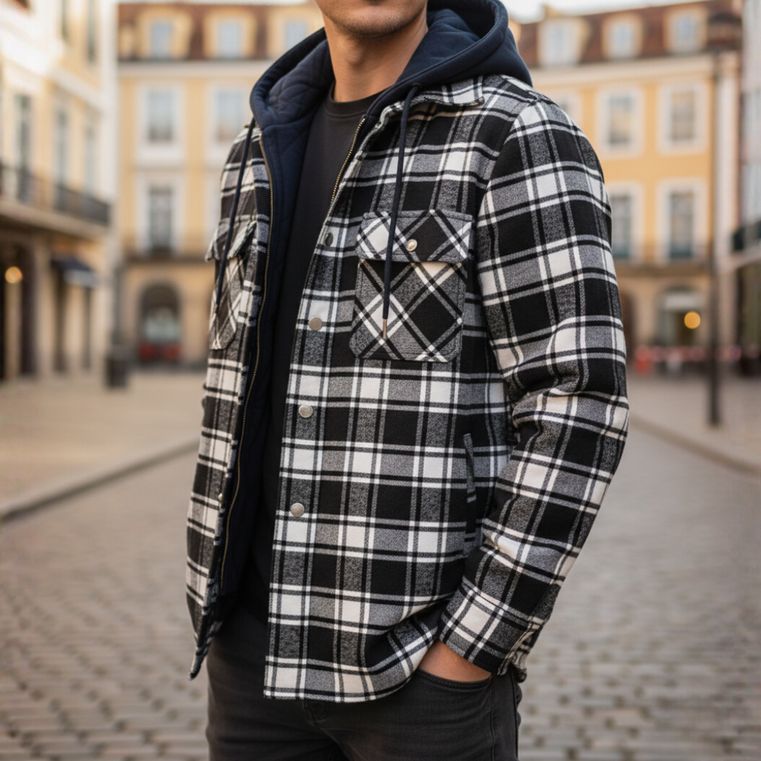 Men's Flannel Jacket with Hood and Zipper