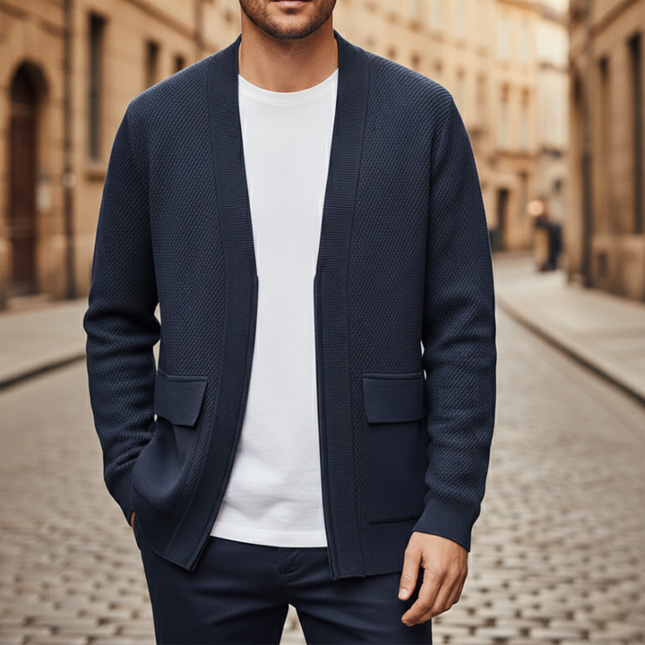 Cashmere Cardigan with Zipper, Woven Knit, Men's Pockets