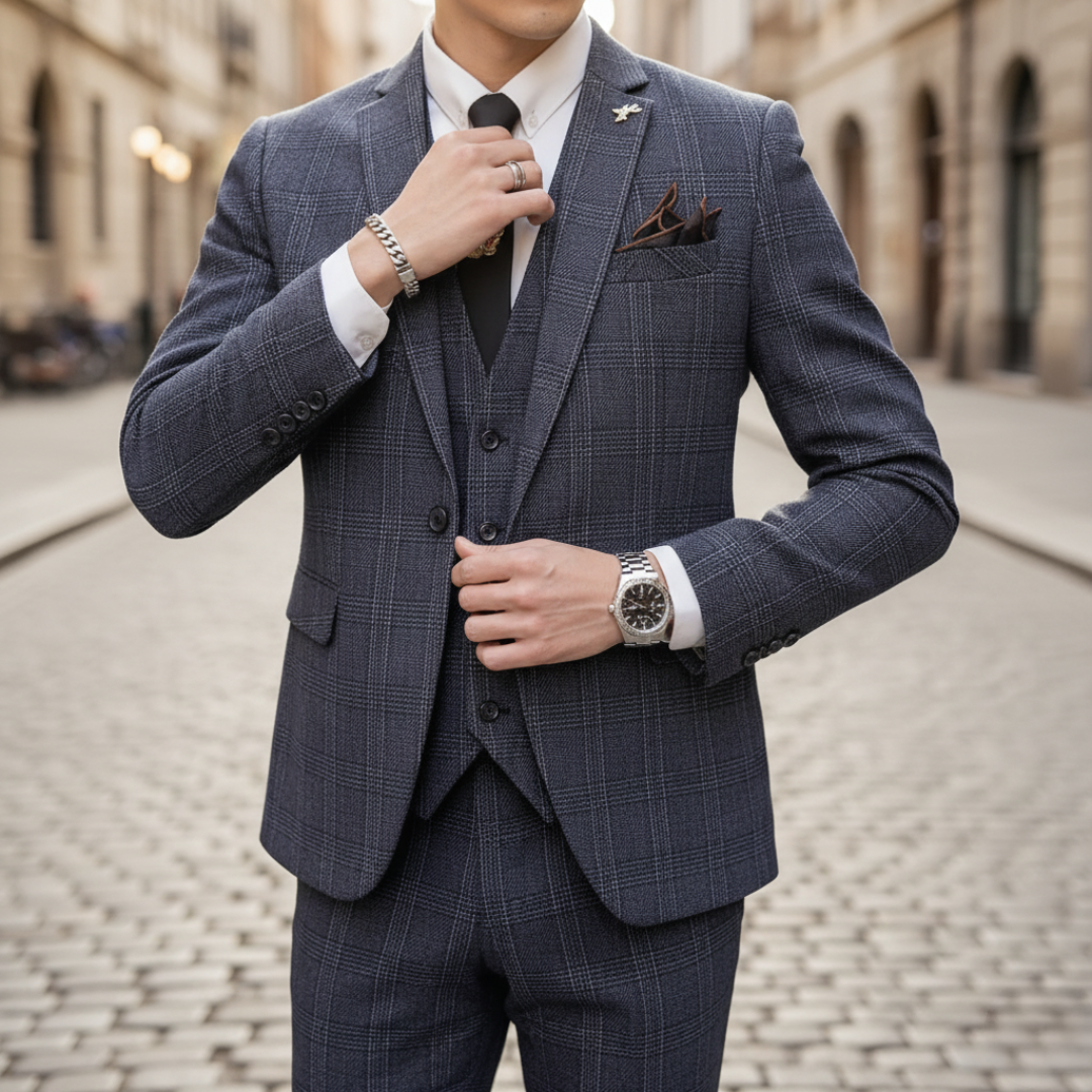 Men's 3-Piece Checkered Fabric Suit