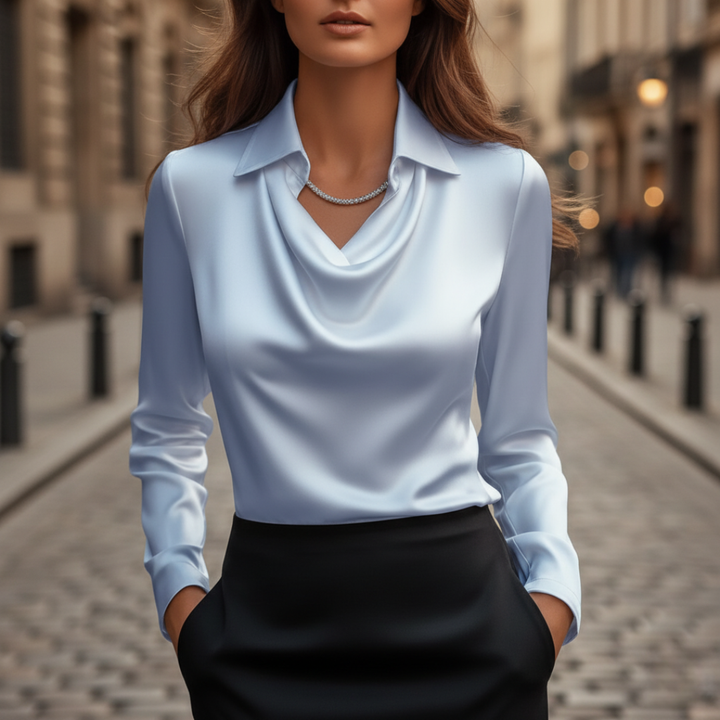 Camicia da donna in raso con collo a scialle e maniche lunghe