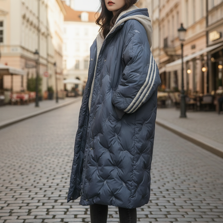 Long Women's Down Jacket in Technical Fabric with Hood