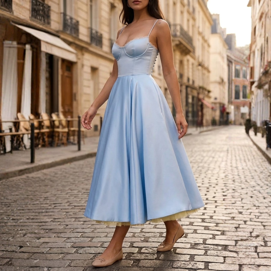 Women's Midi Dress in Satin with Structured Bodice and Straps