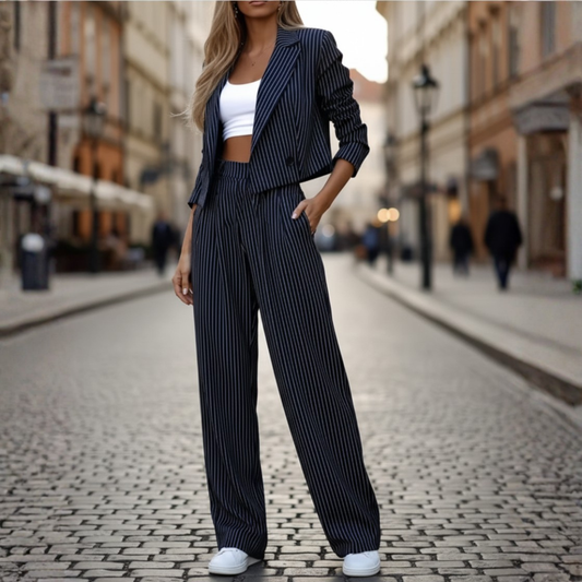 Elegant Women's Black Pinstripe Crop Blazer and Wide Leg Pants Set
