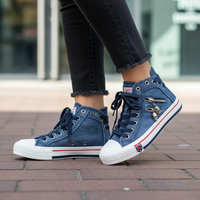 Sneakers alte da donna in denim blu con doppia cerniera e lacci