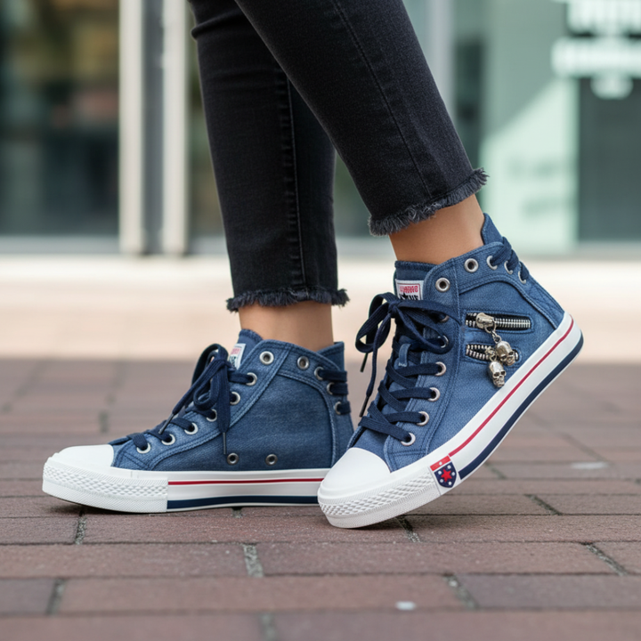 Sneakers alte da donna in denim blu con doppia cerniera e lacci