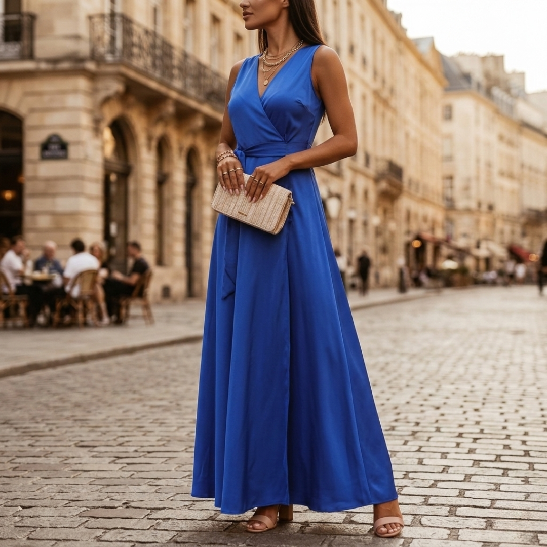 Women's Fluid Electric Blue Maxi Dress | Elegant V-Neck Evening Gown 5