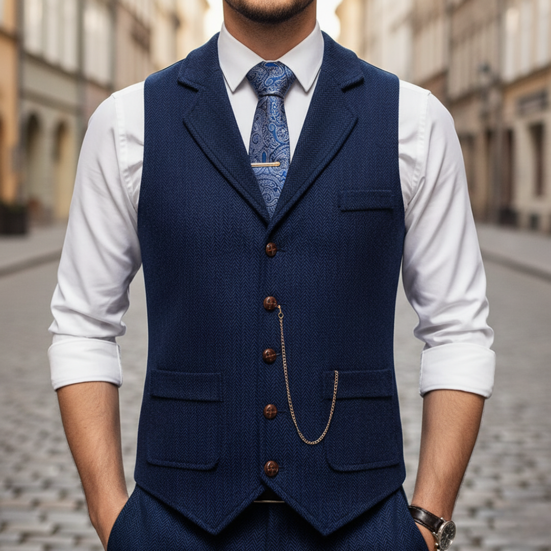 Men's Slim Fit Houndstooth Tweed Vest with Lapels and Buttons