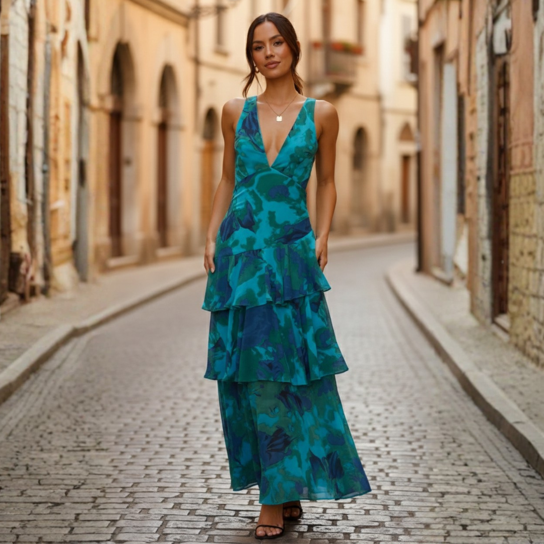 Long Women's Dress with V-Neck Ruffles Floral Print