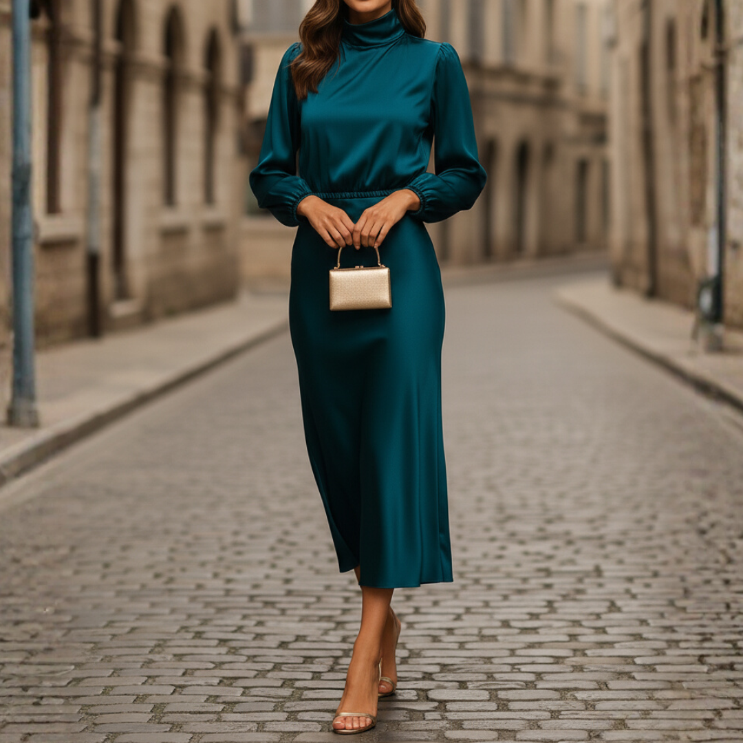 Women's Satin Midi Dress with High Collar
