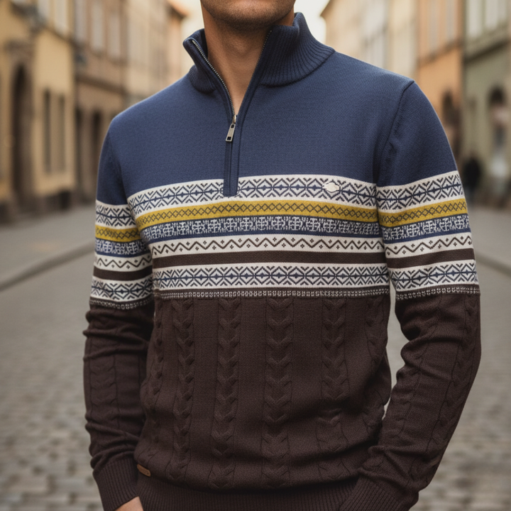 Men's Half Zip Sweater in Mixed Fabric Pattern