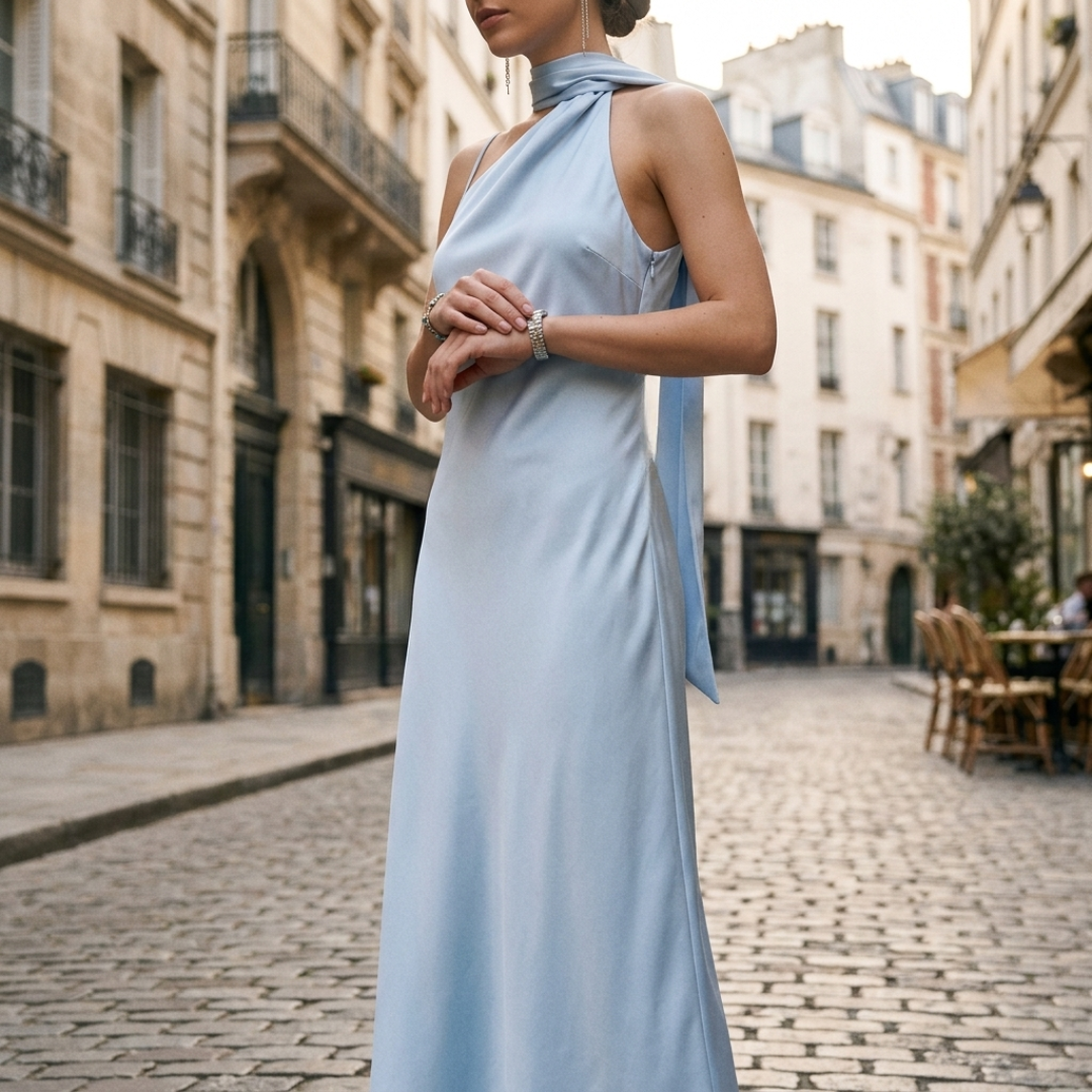 Women's Maxi Dress in Satin with American Neckline