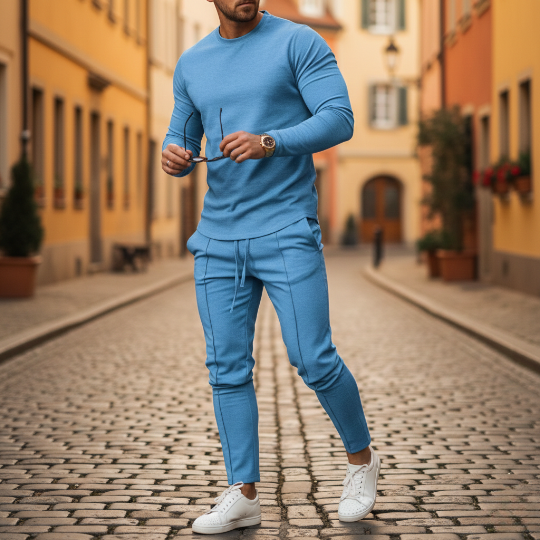 Men's Knit Coordinated Set with Slim Pants and Crew Neck Sweatshirt