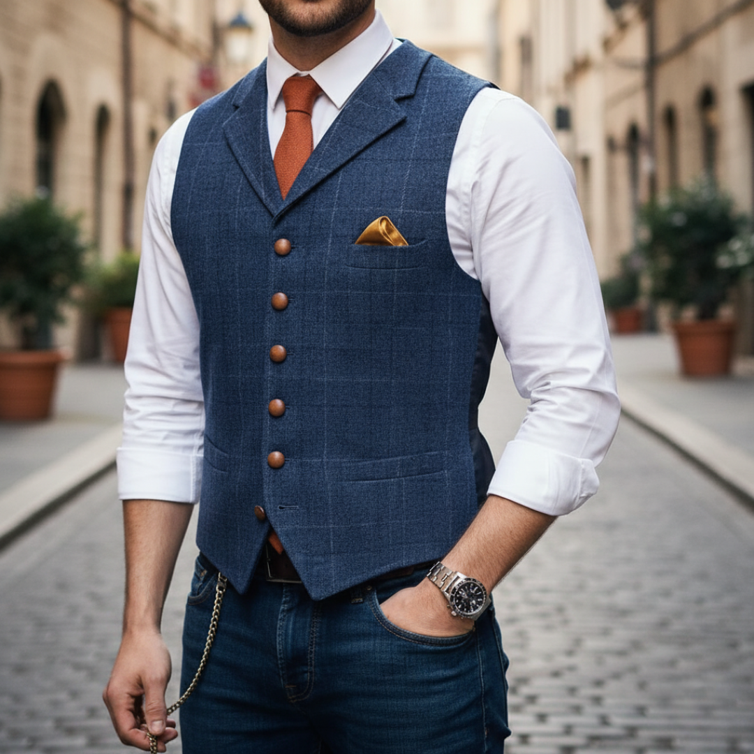 Elegant Men's Single-Breasted Check Waistcoat
