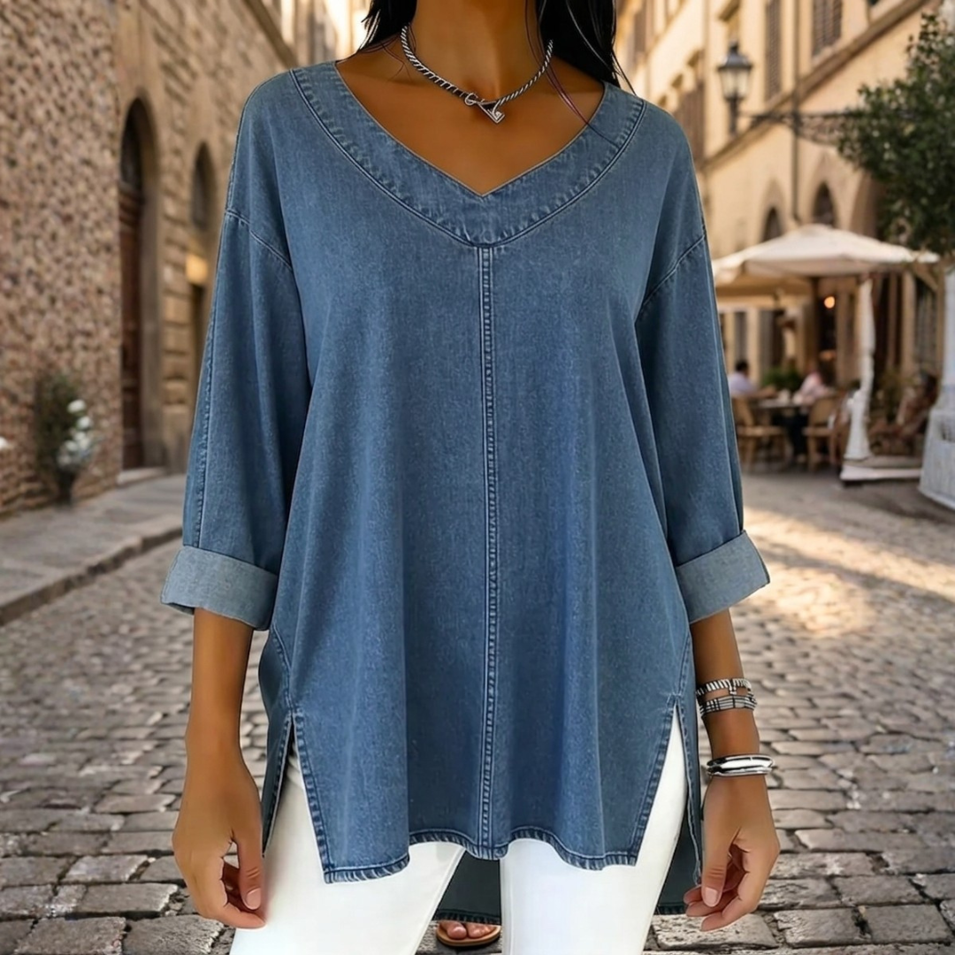 Women's Tunic Soft Fit V-Neck Side Split Three-Quarter Sleeve