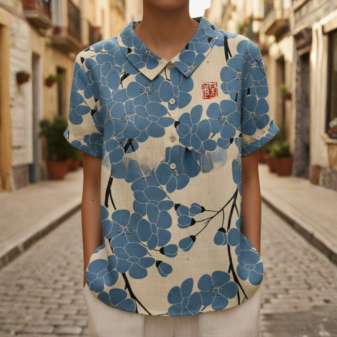 Embroidered Floral Short Sleeve Blouse with Peter Pan Collar for Women