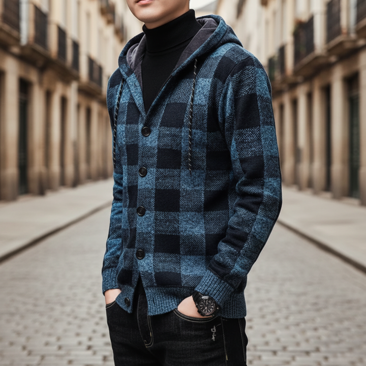 Men's Hooded Checkered Cardigan – Winter Jacket