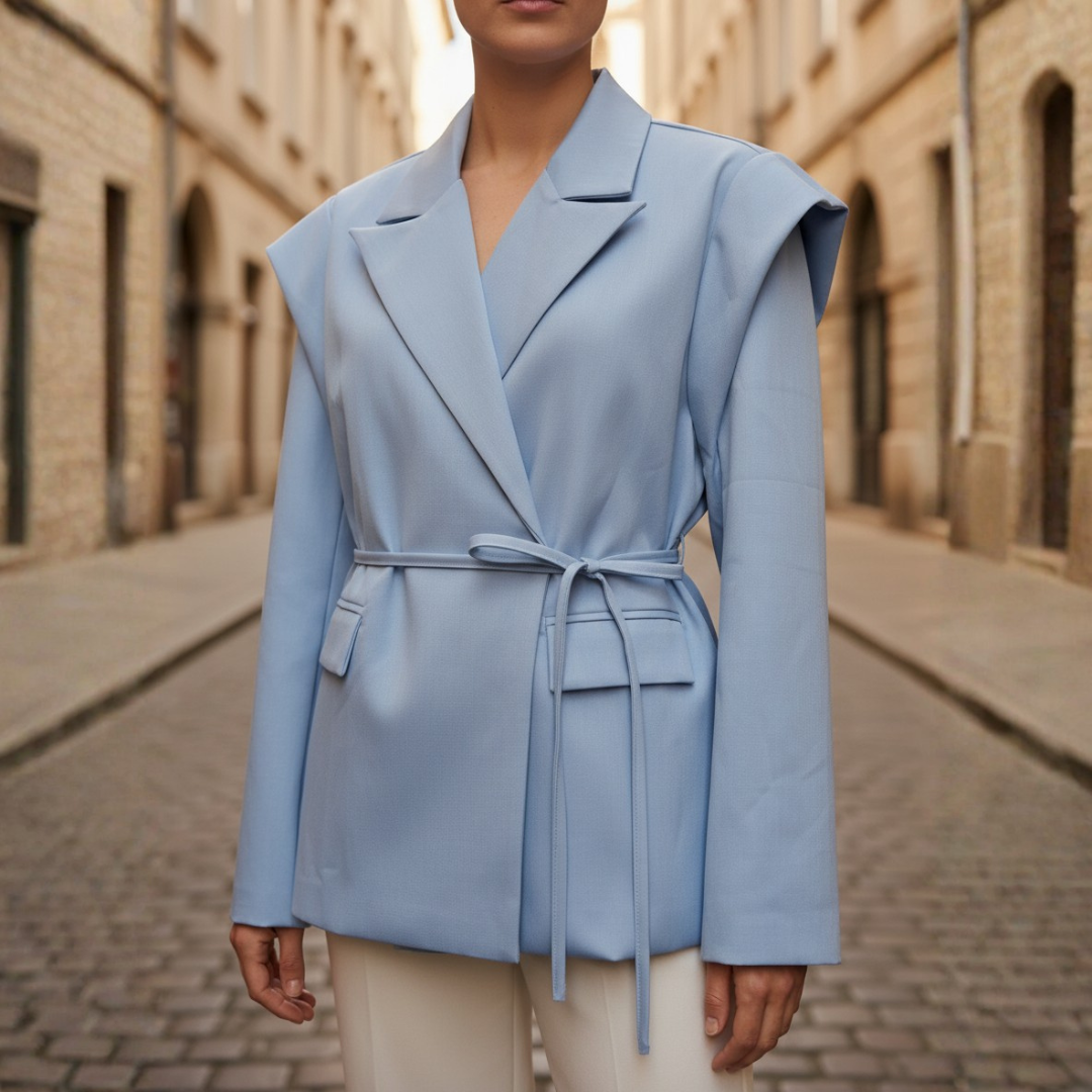 Women's Blazer Jacket with Belt and Structured Shoulders