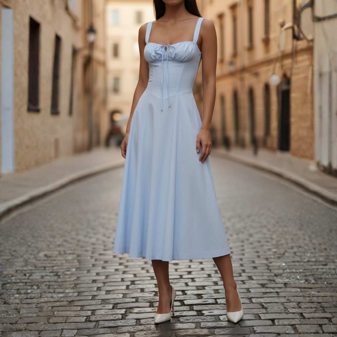 Women's Midi Dress with Laced Bodice and Flared Skirt