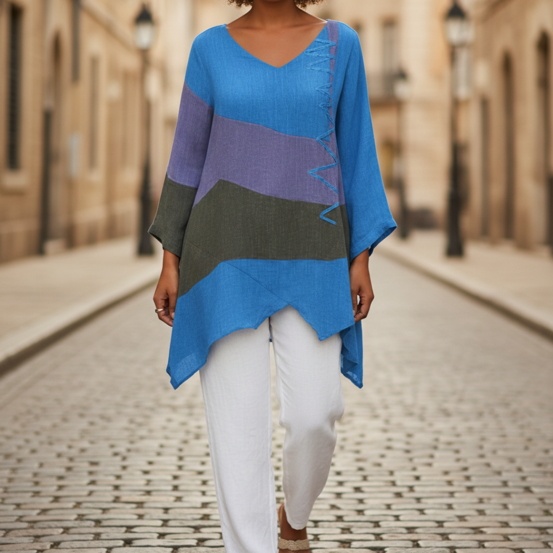 Women's Color Block Tunic with V-Neck and Long Sleeves, Loose Fit