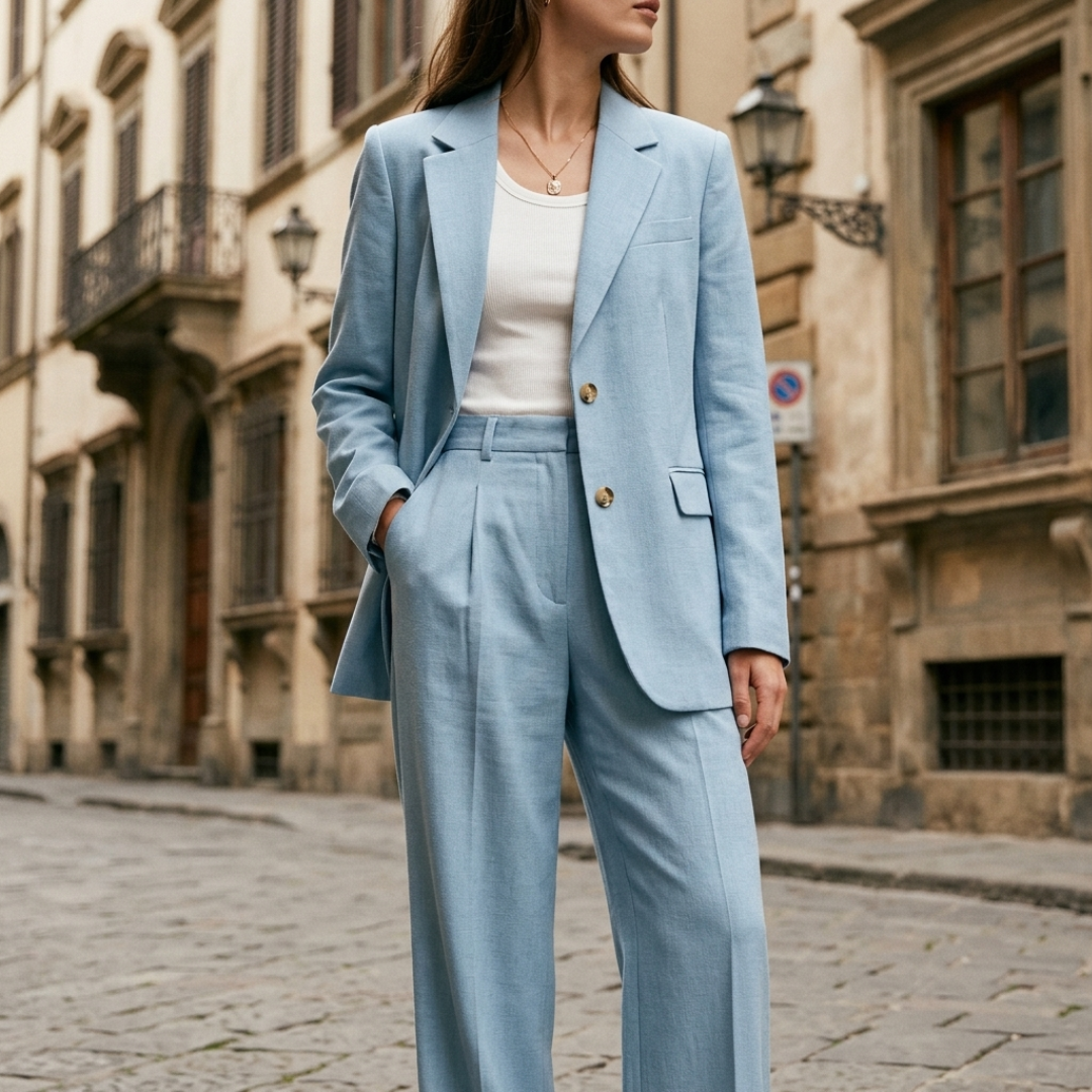 Women's Pinstripe Suit with Single-Breasted Blazer and High-Waisted Pants