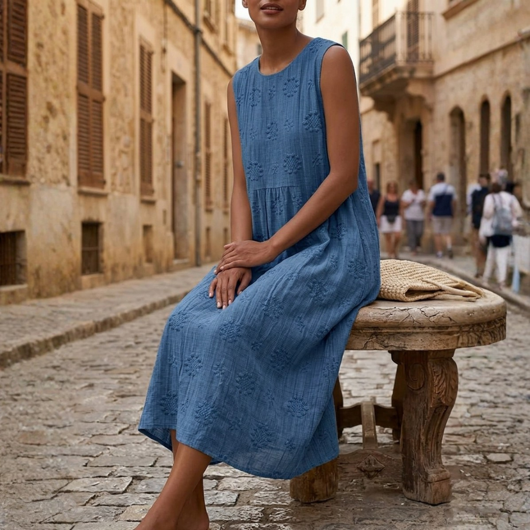Women's Midi Dress in Cotton with Floral Embroidery
