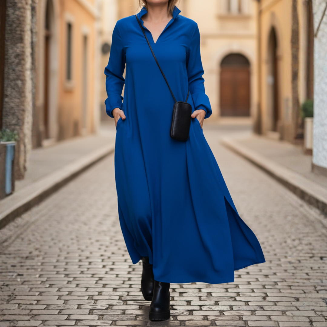 Long Women's Dress with High Collar and Pockets