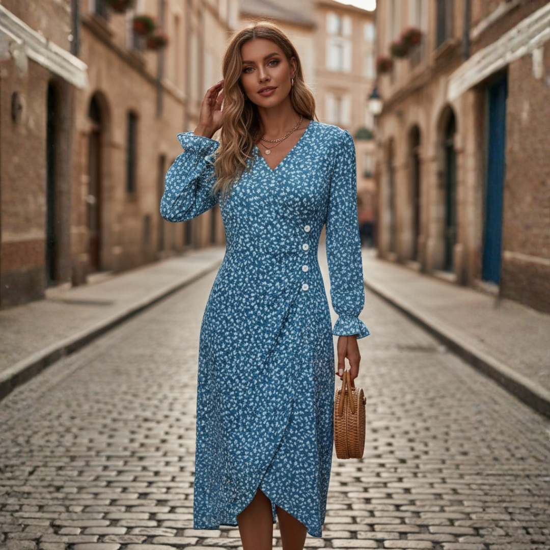 Women's Floral Midi Dress with V-Neck and Long Sleeves