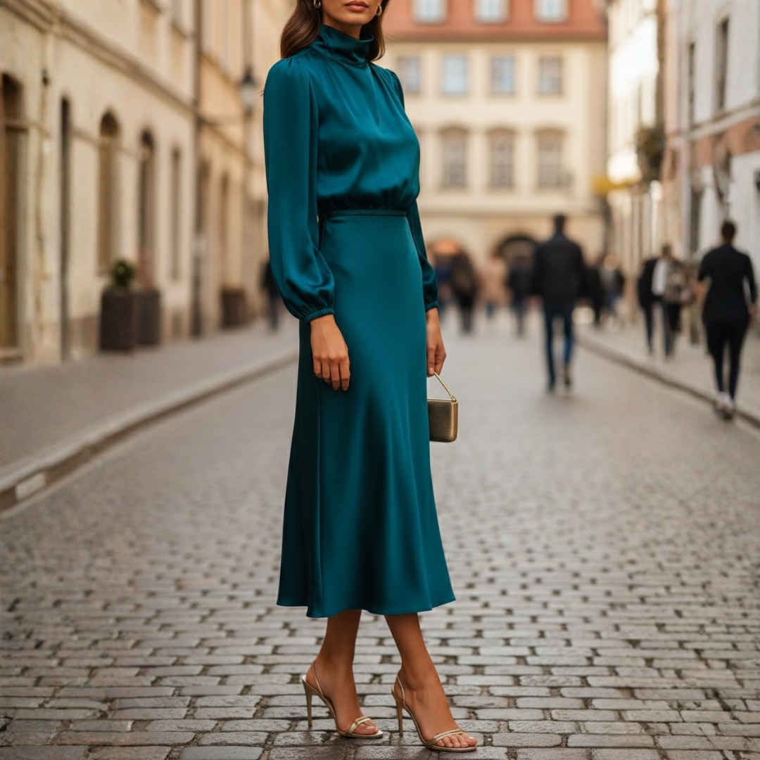 High-Waisted Midi Dress with Mock Neck and Lantern Sleeves for Women