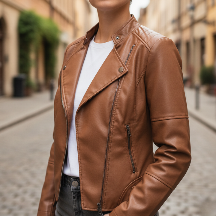 Women's Faux Leather Jacket with Front Zip