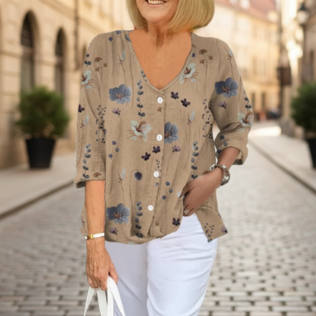 Women's Blouse Floral Print Buttons V-Neck Three-Quarter Sleeve