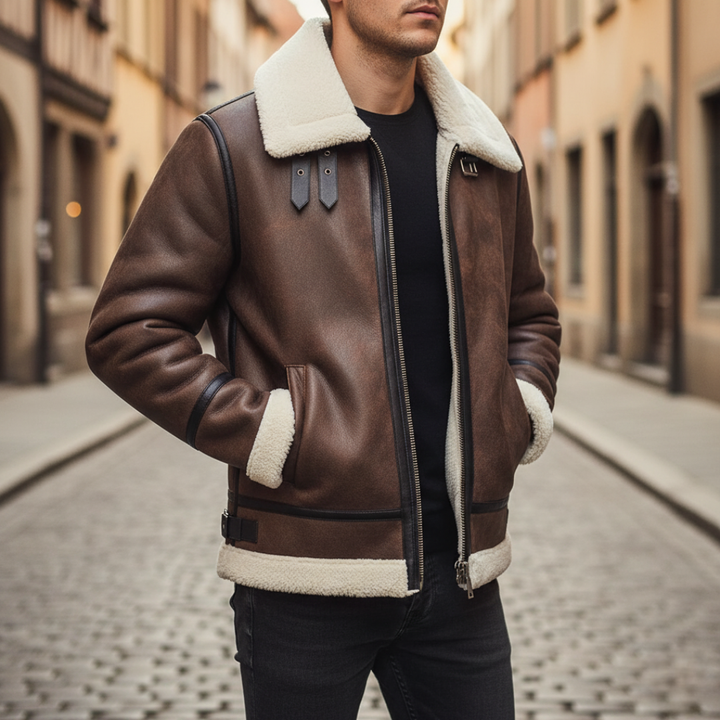 Men's Aviator Jacket Faux Leather with Sherpa Lining