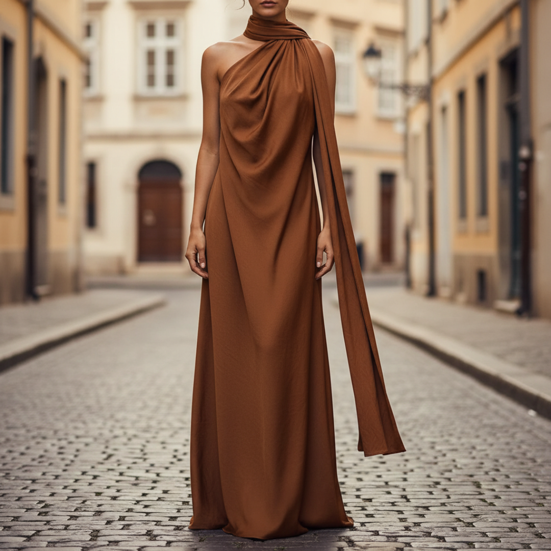 Women's Maxi Dress in Satin with American Neckline