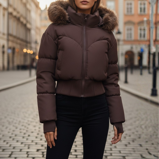 Women's Puffer Jacket with Hood Synthetic Fur Waterproof Material