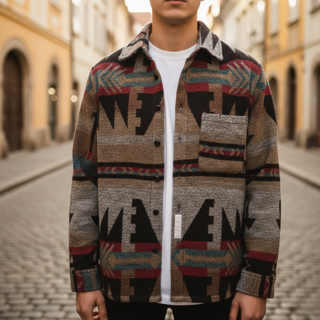 Men's Brown and Beige Geometric Pattern Flannel Jacket