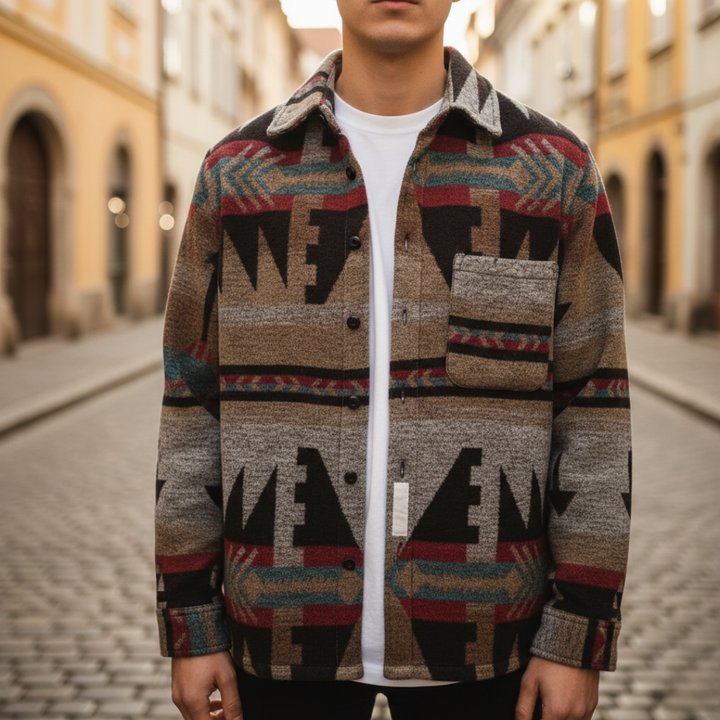 Men's Brown and Beige Geometric Pattern Flannel Jacket