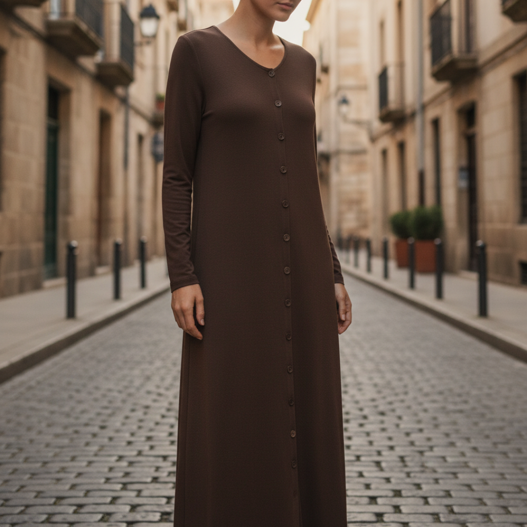 Women's Long Sleeve Maxi Dress in Ribbed Knit with Buttons