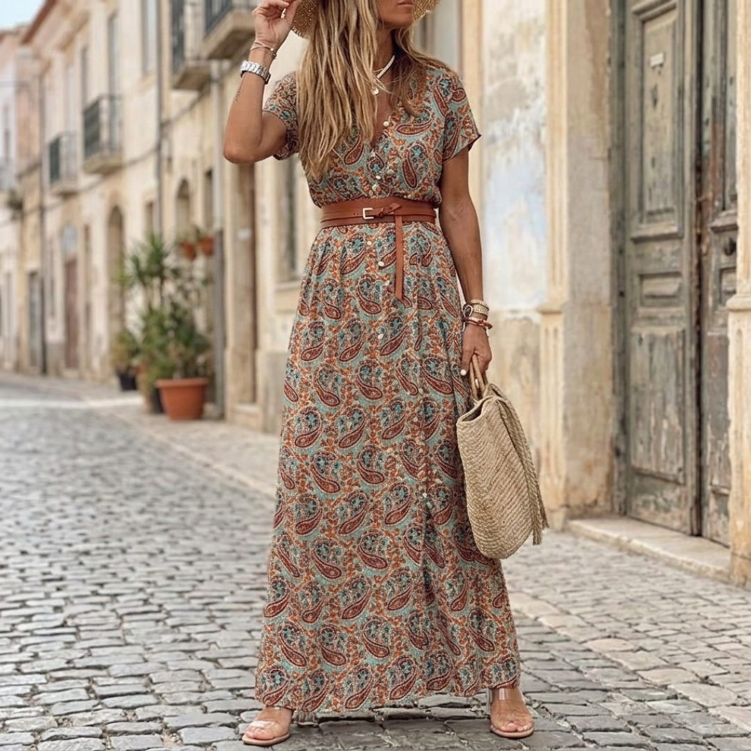 Women's Summer Floral Midi Dress V-Neck Puff Sleeves