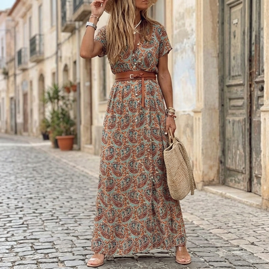 Women's Floral Print Midi Dress | Elegant V-Neck Puff Sleeve Summer Dress 1