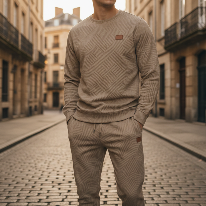 Completo da uomo con felpa e pantaloni coordinati con motivo geometrico