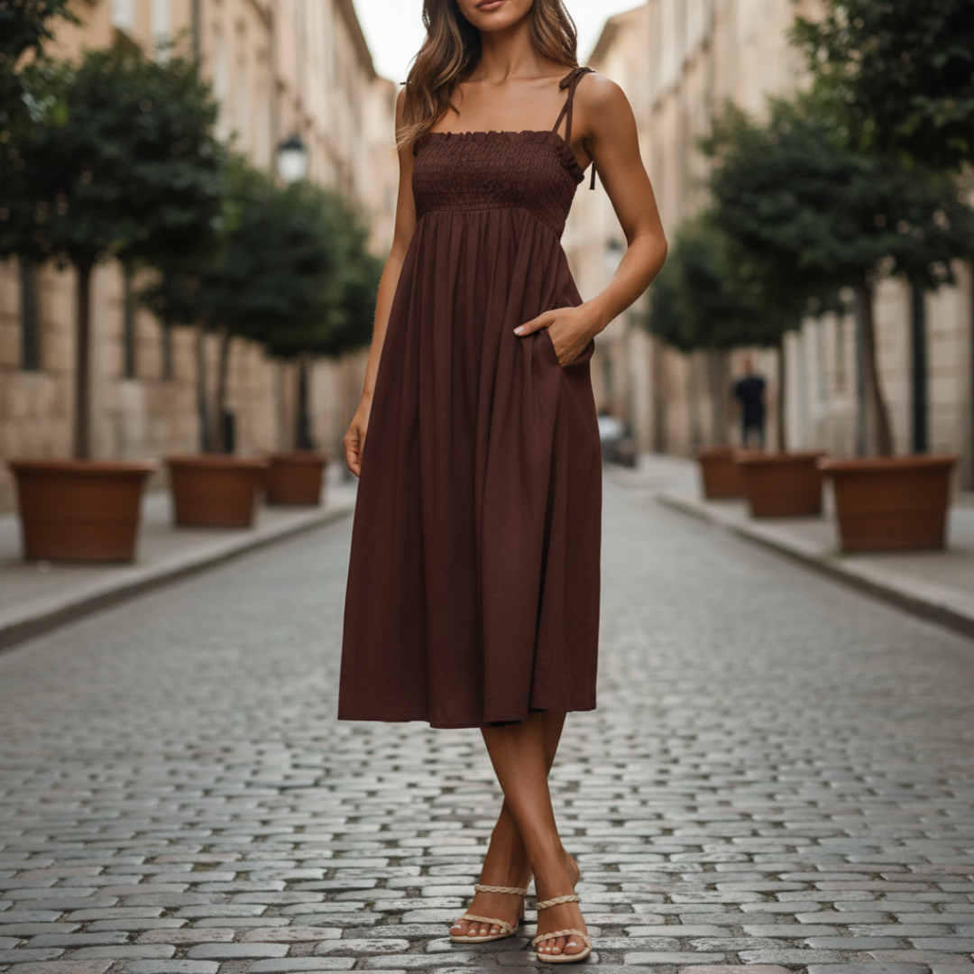 Summer Midi Dress with Ruffled Bodice